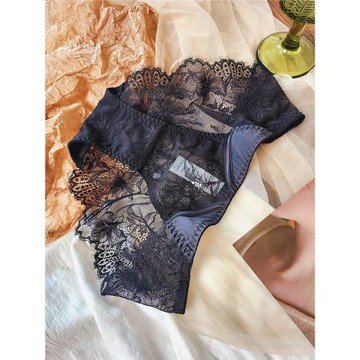 宮廷復古薄款性感綢面拼蕾絲內褲女誘惑低腰包臀棉底襠女士三角褲