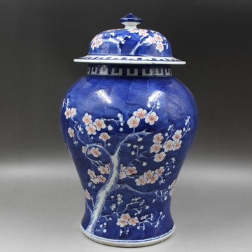 清康熙藍地青花釉里紅冰梅紋將軍罐手工仿古瓷器家居擺件古玩收藏1入