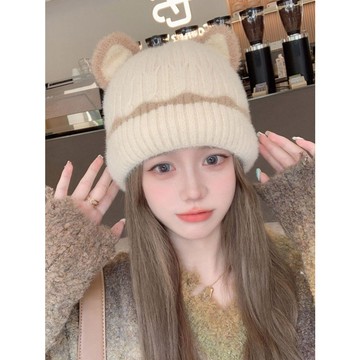 秋冬氛圍💯大頭圍顯臉小貓耳朵針織毛綫帽子女 秋冬加絨保暖月子帽百搭可愛冷帽 堆堆套頭帽 貓耳朵防風頭巾 月子帽 化療帽