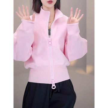 美式復古粉色立領雙拉鏈開衫衛衣女秋季爆款慵懶寬松收腰短款上衣