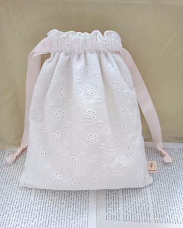 白色純棉刺繡小碎花束口袋手機袋化妝收納袋