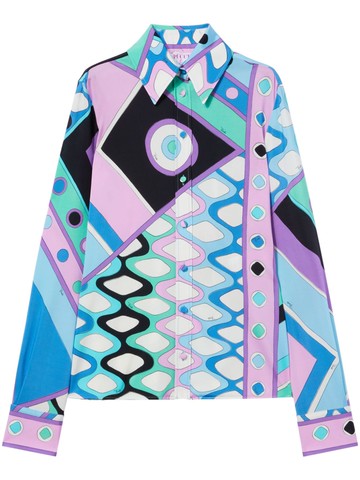 PUCCI - Vivara-print satin shirt - women - Elastane/Viscose - 46 - Blue