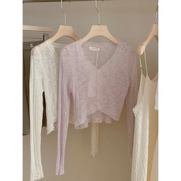 花邊v領冰絲針織防曬開衫女夏季薄款吊帶外搭披肩空調衫薄紗外套