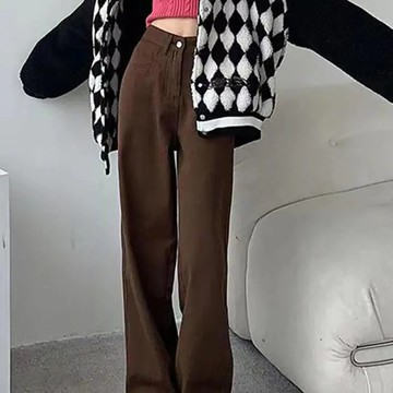 小個子棕色直筒牛仔褲女梨形身材褲子高腰顯瘦闊腿咖啡色拖地長褲ins潮 小隻女穿搭 矮個子