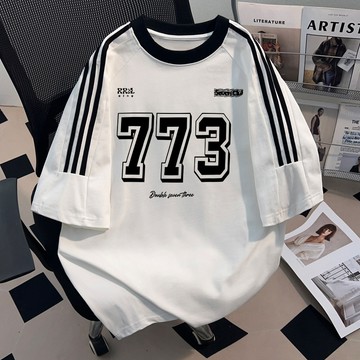 運動上衣 純棉 t恤 三條槓短袖衣服 上衣 oversize T恤 潮流衣服 夏天衣服 ins風 美式復古 印花 T恤