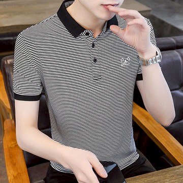 年夏裝新款polo衫 潮流修身襯衫領條紋青年半截袖男士短袖t恤