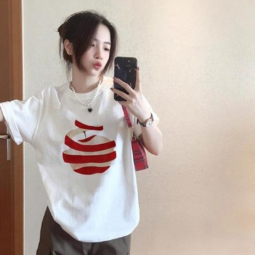 LUYU🌸限時下殺韓版ins風蘋果印花短袖t恤女夏季100抗起球寬鬆潮牌圓領百搭上衣