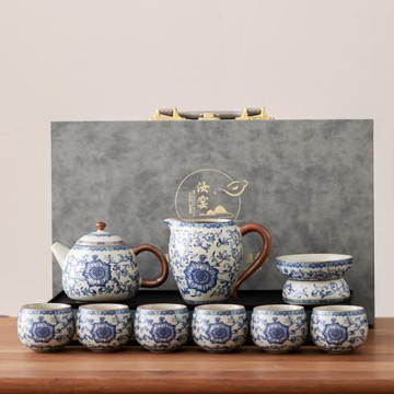 (免運)言致青花汝窯茶具套裝家用功夫茶具高檔整套泡茶壺茶杯送禮禮盒裝