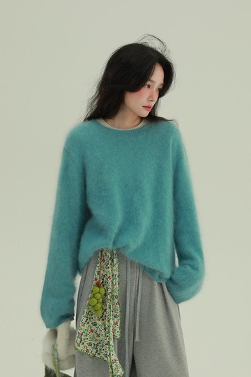 2顏色 奶油泡芙 100%圓領羊毛上衣 寬鬆舒適簡約休閒針織上衣