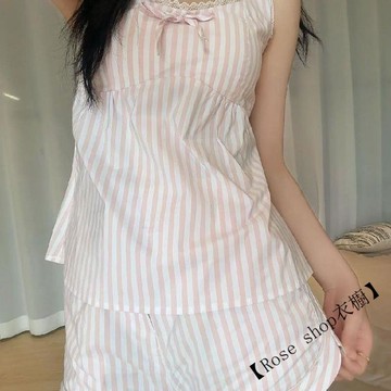 【臺灣出貨】🍋帶胸墊-甜美少女帶胸墊吊帶睡衣女夏季韓版條紋蝴蝶結無袖短褲家居服套裝 睡衣女 夏季睡衣 居家服 韓版睡衣