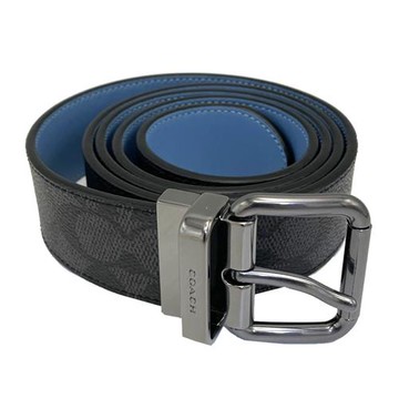 【COACH】雙面用C LOGO男款寬版皮帶(黑灰/藍)