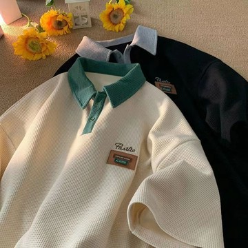 ✈新北出貨✨校園風 polo衫 男短袖 夏季 撞色華夫格上衣 日係 港風 立領T恤 落肩短t 五分袖T恤 短袖Polo