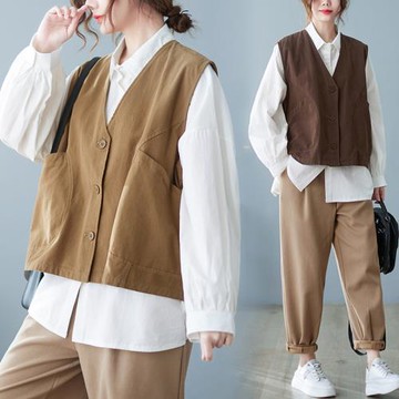 文藝復古寬松休閑工裝馬甲女短款2024早秋大碼顯瘦V領坎肩開衫潮