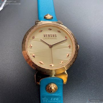 [星晴錶業]VERSUS VERSACE手錶,36mm,VV00297米粉色錶面玫瑰金錶殼淺藍真皮皮革錶帶款