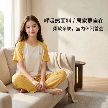🔥臺灣出貨🔥天絲萊塞爾夏季家居服套裝青少年短袖長褲女童睡衣男童舒適居家服06M5