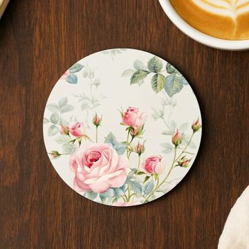 TRON 圓形軟式珪藻土10*10cm 復古風花卉 吸水杯墊 速乾杯墊 防潮杯墊－復古風花朵粉色