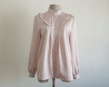 復古玫瑰金金屬條紋襯衫 女款長袖荷葉邊上衣 XS