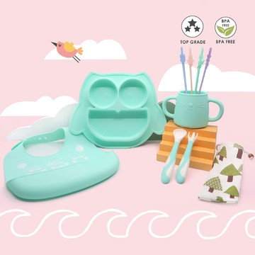 【西班牙BRUNOKO】貓頭鷹 5合1 嬰兒餐具 (餐盤/勺子叉子組/嬰兒圍兜/兒童杯/矽膠吸管)