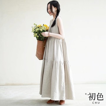 初色 文青風寬鬆清涼感條紋無袖過膝中長裙連衣裙洋裝-米色-68434(M-2XL可選)