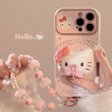 台灣出貨❤可愛粉蝴蝶結貓適用iphone16promax手機殼蘋果15立體皮質14手鍊13