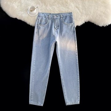 直筒淺藍牛仔長褲男士墜感寬松闊腿修身ins復古水洗潮流休閑褲子