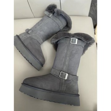 2025新款復古皮毛一體高筒雪地靴女百搭韓版圓頭厚底加絨長筒棉鞋