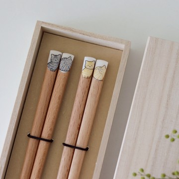 【Yourtableware】新品上市 新婚賀禮 喬遷禮 日本 虎斑貓 茶虎斑貓 筷子 夫妻筷 桐木禮盒組