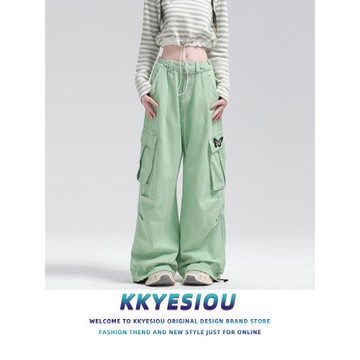 KKyesiou美式復古潮牌紫色蝴蝶工裝褲男女多口袋嘻哈高腰休閑直筒