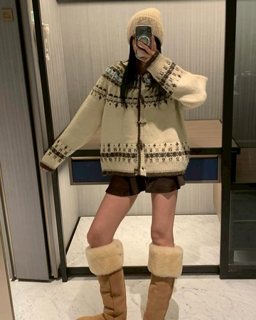 雙色保暖費爾島牛角扣密針織外套