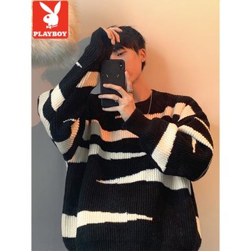 花花公子條紋毛衣男秋冬季圓領線衣潮牌休閑寬松慵懶風針織打底衫