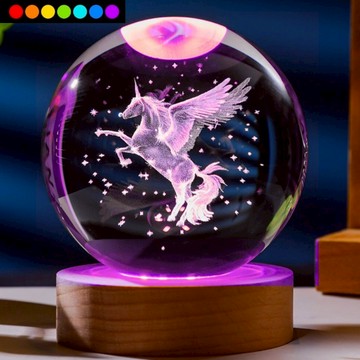 【All Splendid】炫彩發光水晶球燈 獨角獸 3D雕刻水晶球 小夜燈 LED木底座 臥室燈 生日禮物 聖誕節_廠商直送