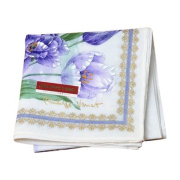 PHILIPPE VENET 日本製米白底紫鬱金香印花棉質LOGO帕巾(43CM)