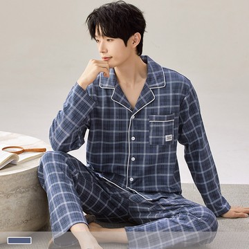 男款【舒適柔滑】紳士格紋 舒適排釦長袖成套睡衣休閒居家服 7728