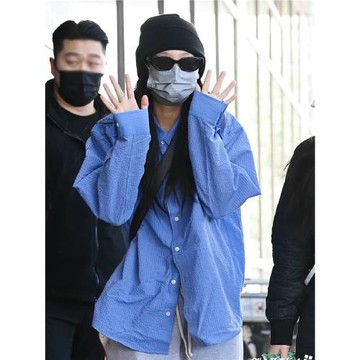 Jennie金珍妮同款藍色韓系條紋肌理感寬松襯衫美式潮流防曬外套夏