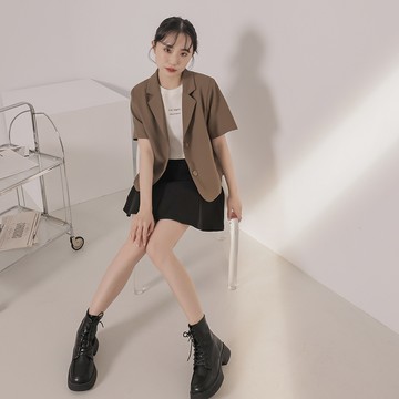 薄墊肩短袖西裝外套-咖【KT28744】