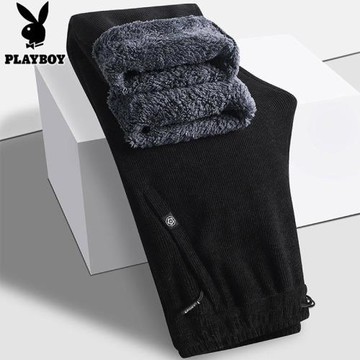 花花公子羊羔絨休閑褲男秋冬燈芯絨加絨加厚運動條絨褲子衛褲外穿