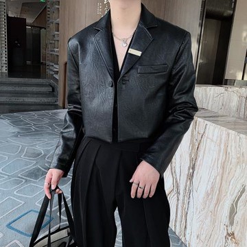 高級感一粒扣皮衣小西裝男寬松韓版ins設計感小眾痞帥短款皮夾克