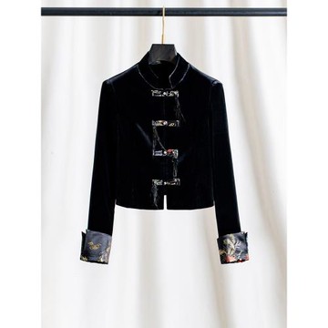 高版~新中式國風盤扣金絲絨短外套女士秋冬款長袖墊肩天鵝絨短款