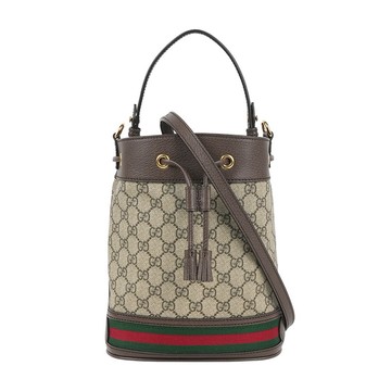 [平輸]GUCCI Ophidia 塗層帆布及皮革綠紅小款水桶包(米色/烏木色)