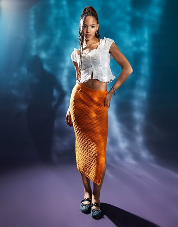 ASOS DESIGN crochet midi skirt in wave stitch in orange co-ord