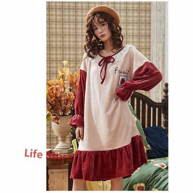 パジャマ 長袖 ルームウェア ワンピ ロングワンピース ワンピース レディース フレア Uネック ベロア 寝巻き Aライン 柄 苺柄 花柄 厚手 通販 Lineポイント最大get Lineショッピング