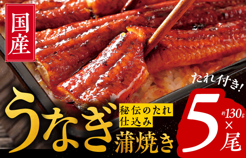 099H875 国産うなぎ 約130ｇ×5尾  秘伝のたれ 蒲焼 鰻 ウナギ 無頭 炭火焼き 備長炭 手焼き