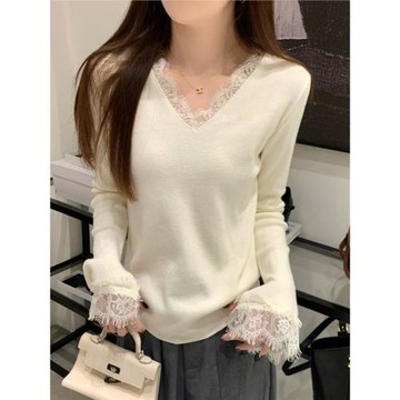 修身v領洋氣質蕾絲拼接純欲打底針織衫女秋冬設計感別致內搭毛衣