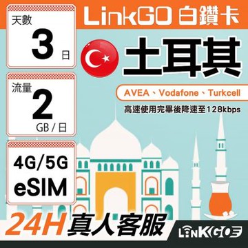 【LinkGO】白鑽卡 土耳其 eSIM卡 3天上網卡 每日2GB 高速流量(土耳其網卡 伊斯坦堡 卡帕多奇亞)