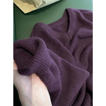 浣熊絨葡萄紫色套頭v領毛衣女秋冬軟糯慵懶風針織衫內搭打底上衣