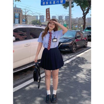阿車家的大碼jk胖mm學院風條紋長短袖襯衫百褶半身裙女顯瘦套裝春