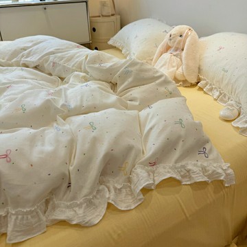 A類母嬰級ins小清新透氣雙層紗全棉四件套超柔可裸睡花邊鏤空套件