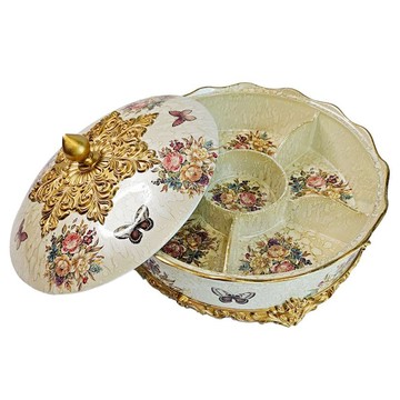 摩達客 開運招財歐式宮廷風高檔雕花珠光六格糖果盒  米白色  30 x 30 x 17.5cm