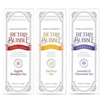 RETRO BUBBLE 全效去漬亮白草本天然無氟牙膏3入組 英式早餐茶 + 伯爵下午茶 + 晚安舒緩茶  100g  1組