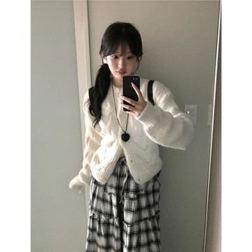 Up and on 復古百搭純色韓女溫柔慵懶軟糯麻花針織短開衫毛衣外套